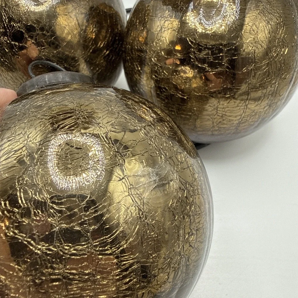 VTG Kugel Style Dark Gold Mercury Crackle Glass Christmas Ornaments Set Of 4